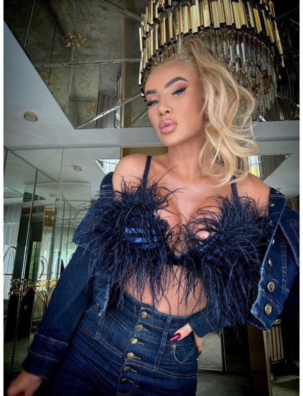 SPECTRA NAVY - EXCLUSIVE TOP WITH FEATHERS IN NAVY BLUE COLOR